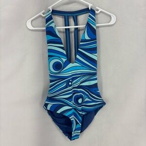 SwimOutlet One Piece Swimsuit Size Small Blue Geometric Strappy Back Swim
